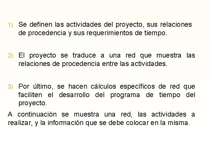 1) Se definen las actividades del proyecto, sus relaciones de procedencia y sus requerimientos