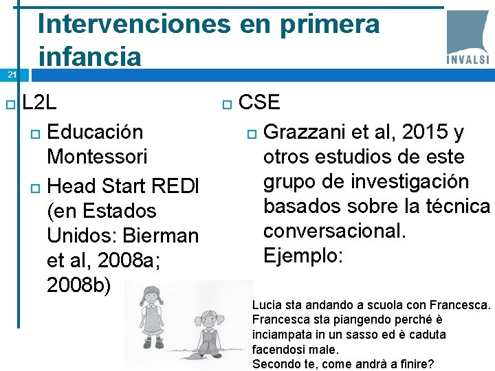 21 Intervenciones en primera infancia L 2 L Educación Montessori Head Start REDI (en
