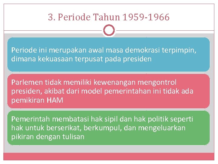 3. Periode Tahun 1959 -1966 Periode ini merupakan awal masa demokrasi terpimpin, dimana kekuasaan