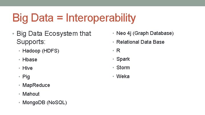 Big Data = Interoperability • Big Data Ecosystem that Supports: • Neo 4 j