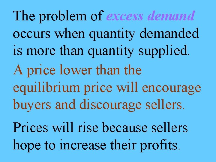The problem of excess demand occurs when quantity demanded is more than quantity supplied.