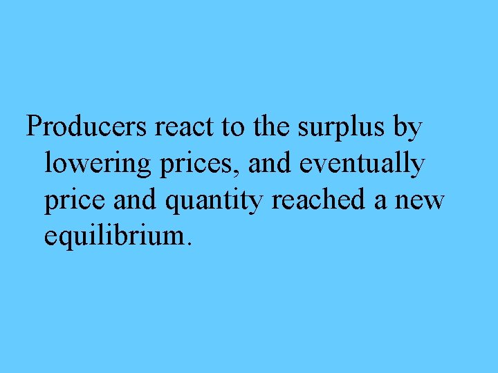 Producers react to the surplus by lowering prices, and eventually price and quantity reached
