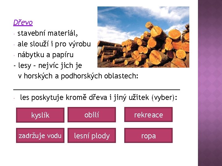 Dřevo - stavební materiál, - ale slouží i pro výrobu - nábytku a papíru