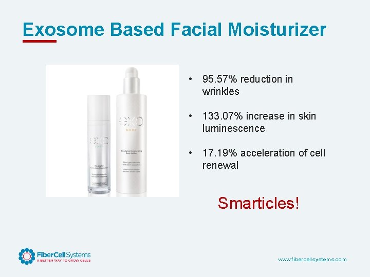 Exosome Based Facial Moisturizer • 95. 57% reduction in wrinkles • 133. 07% increase