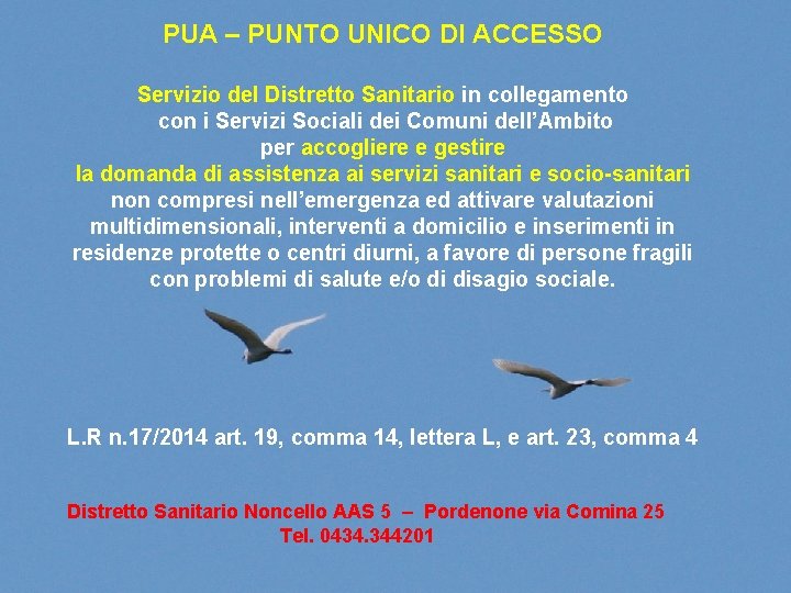 PUA – PUNTO UNICO DI ACCESSO Servizio del Distretto Sanitario in collegamento con i