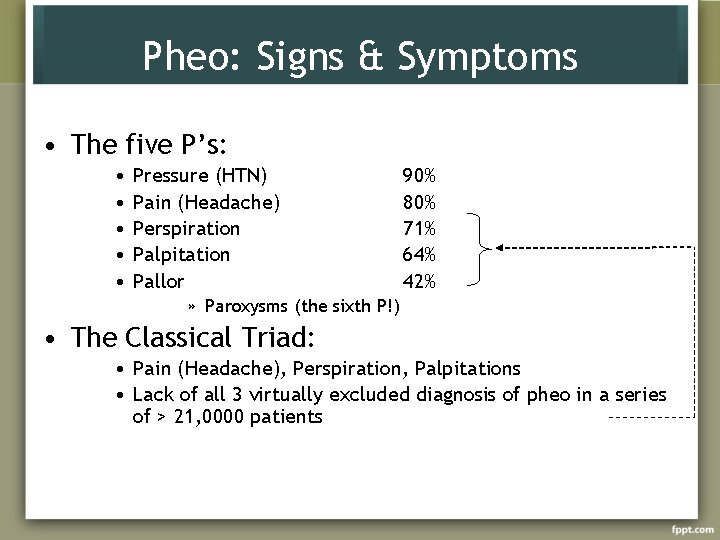 Pheo: Signs & Symptoms • The five P’s: • • • Pressure (HTN) Pain