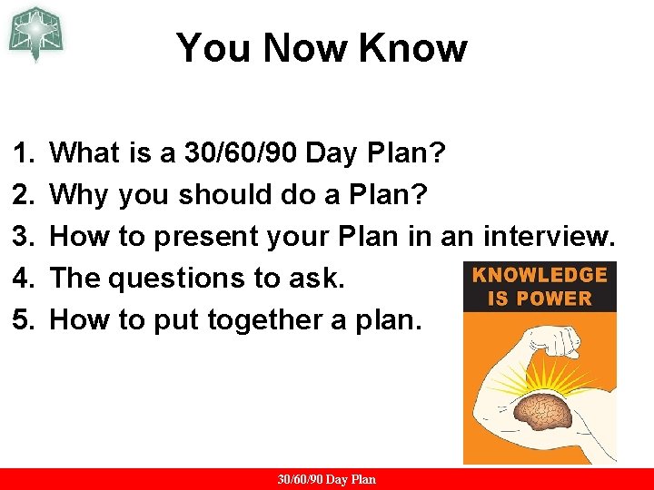 You Now Know 1. 2. 3. 4. 5. What is a 30/60/90 Day Plan? You Now Know 1. 2. 3. 4. 5. What is a 30/60/90 Day Plan?