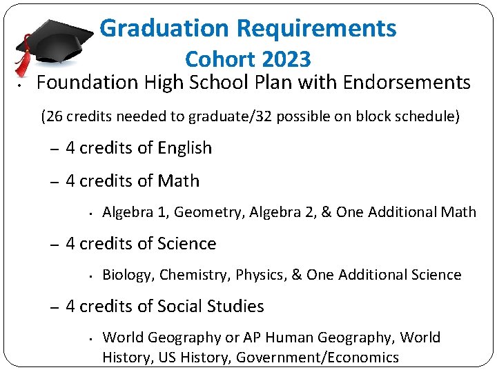 Graduation Requirements Cohort 2023 • Foundation High School Plan with Endorsements (26 credits needed