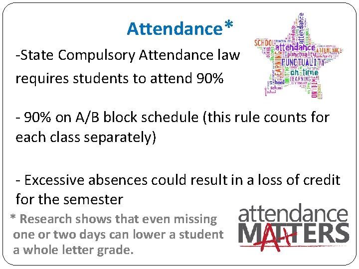 Attendance* -State Compulsory Attendance law requires students to attend 90% - 90% on A/B