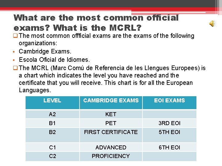 What are the most common official exams? What is the MCRL? q The most