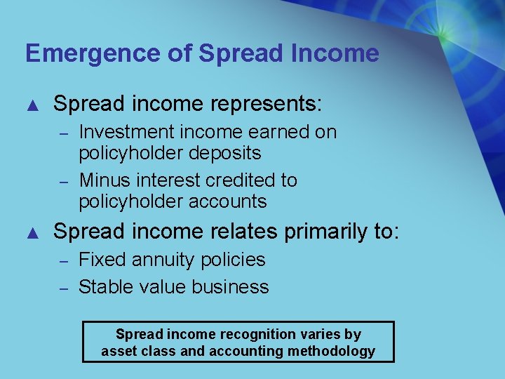 Emergence of Spread Income ▲ Spread income represents: – – ▲ Investment income earned