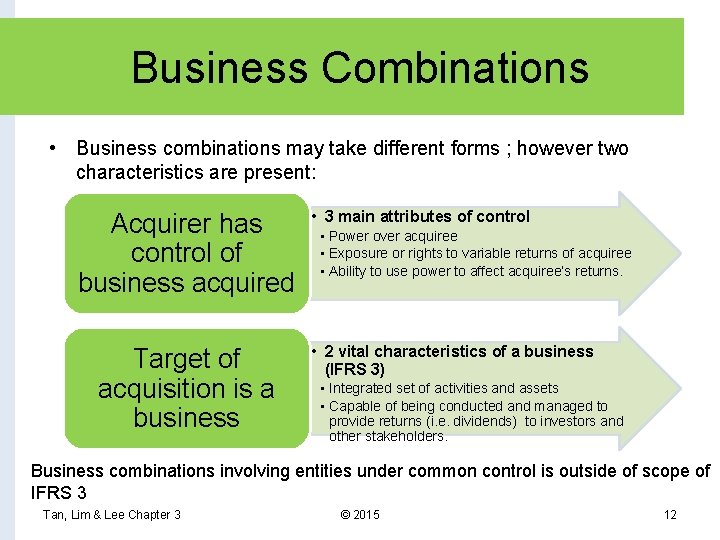 Business Combinations • Business combinations may take different forms ; however two characteristics are