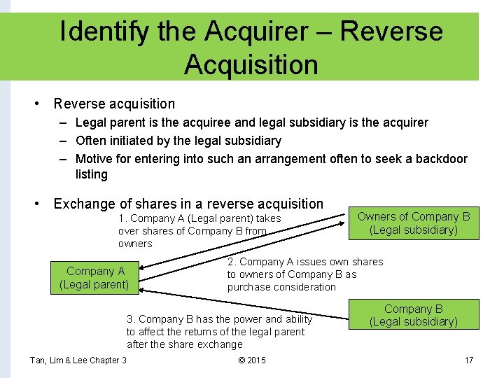 Identify the Acquirer – Reverse Acquisition • Reverse acquisition – Legal parent is the