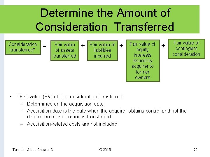 Determine the Amount of Consideration Transferred Consideration transferred* • = Fair value of assets