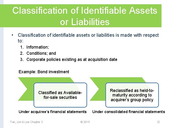 Classification of Identifiable Assets or Liabilities • Classification of identifiable assets or liabilities is