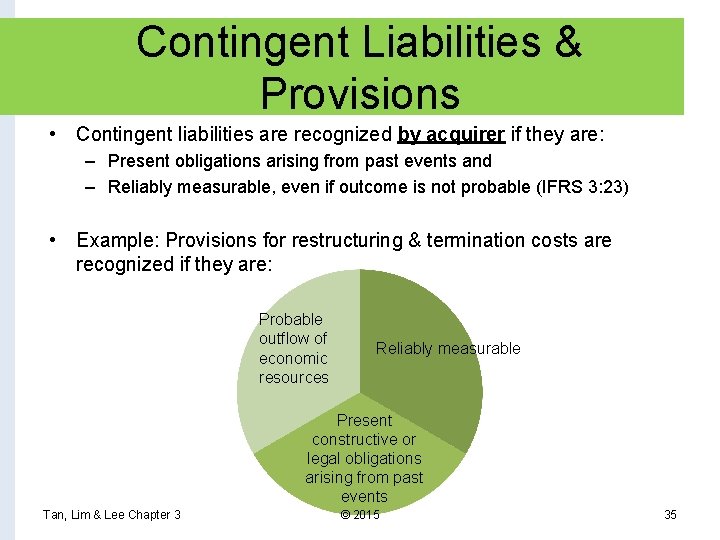 Contingent Liabilities & Provisions • Contingent liabilities are recognized by acquirer if they are: