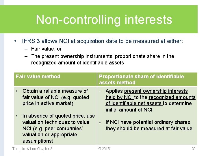 Non-controlling interests • IFRS 3 allows NCI at acquisition date to be measured at