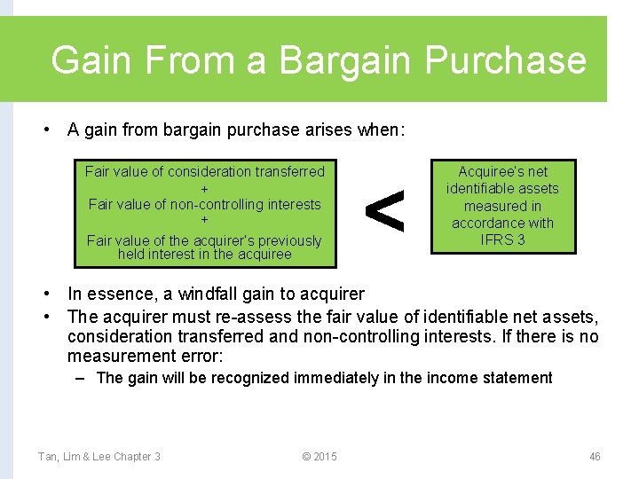 Gain From a Bargain Purchase • A gain from bargain purchase arises when: Fair