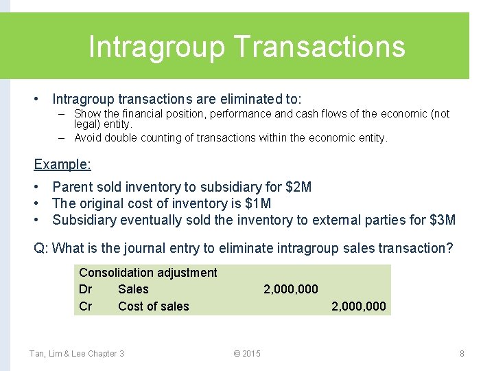 Intragroup Transactions • Intragroup transactions are eliminated to: – Show the financial position, performance