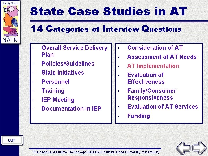 State Case Studies in AT 14 Categories • of Interview Overall Service Delivery Plan