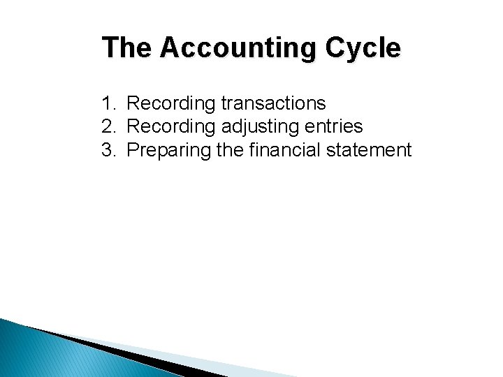 The Accounting Cycle 1. Recording transactions 2. Recording adjusting entries 3. Preparing the financial