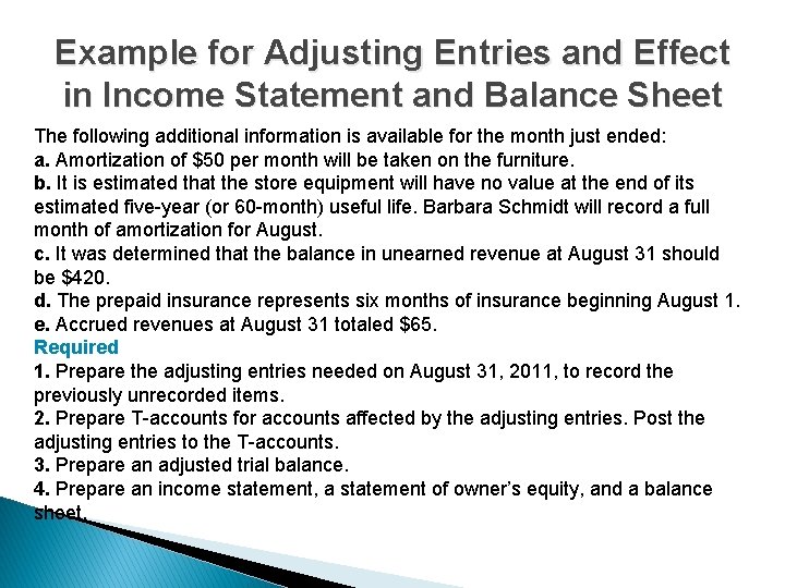 Example for Adjusting Entries and Effect in Income Statement and Balance Sheet The following