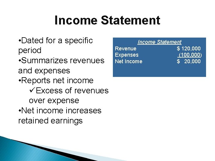 Income Statement • Dated for a specific period • Summarizes revenues and expenses •