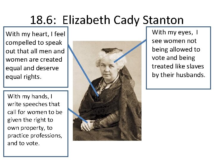 18. 6: Elizabeth Cady Stanton With my heart, I feel compelled to speak out