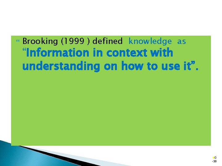  Brooking (1999 ) defined knowledge as “Information in context with understanding on how