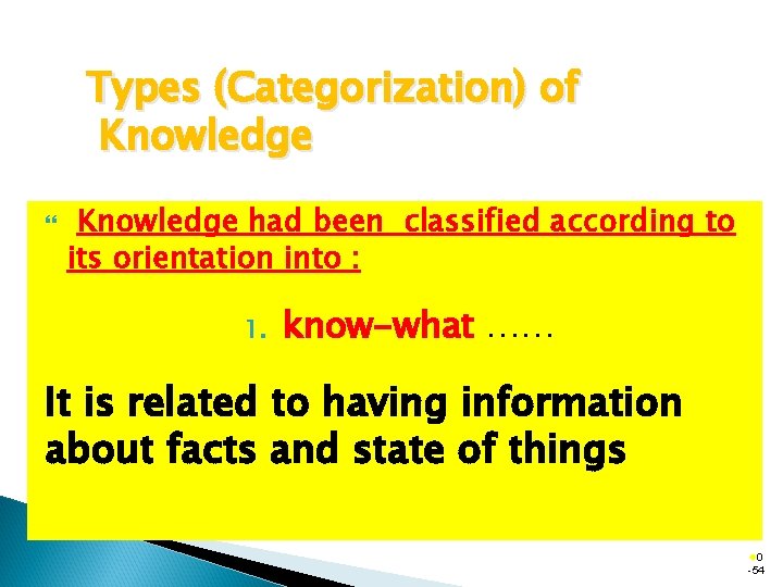 Types (Categorization) of Knowledge had been classified according to its orientation into : 1.