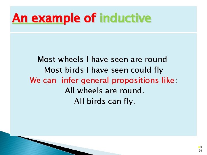An example of inductive Most wheels I have seen are round Most birds I