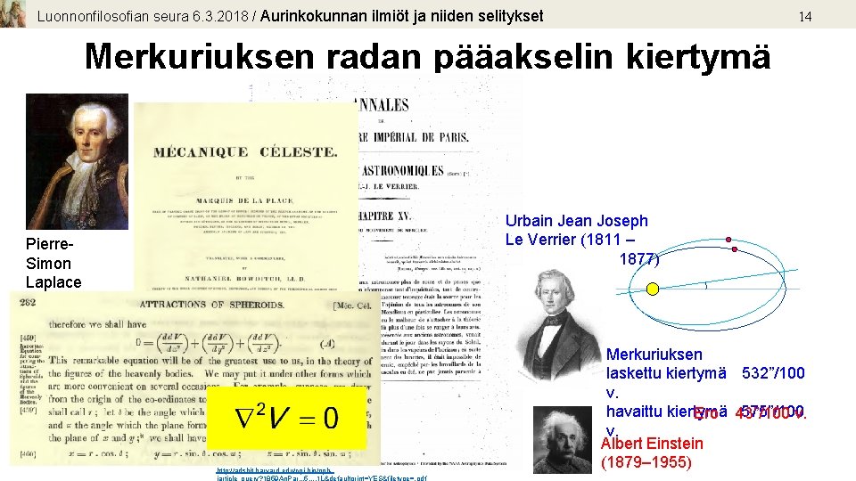 Luonnonfilosofian seura 6. 3. 2018 / Aurinkokunnan ilmiöt ja niiden selitykset 14 Merkuriuksen radan