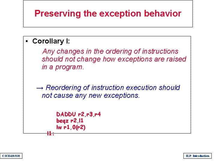 Preserving the exception behavior • Corollary I: Any changes in the ordering of instructions