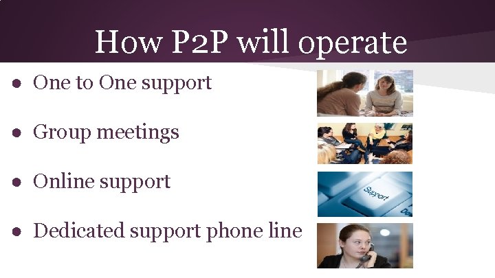 How P 2 P will operate ● One to One support ● Group meetings