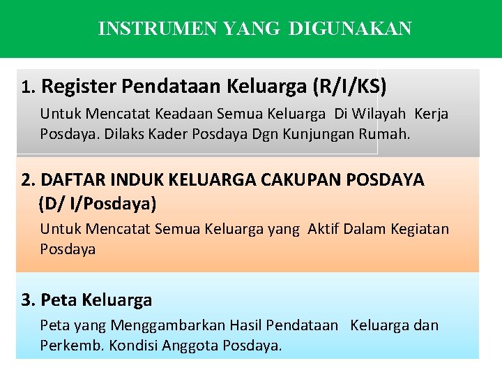 INSTRUMEN YANG DIGUNAKAN 1. Register Pendataan Keluarga (R/I/KS) Untuk Mencatat Keadaan Semua Keluarga Di