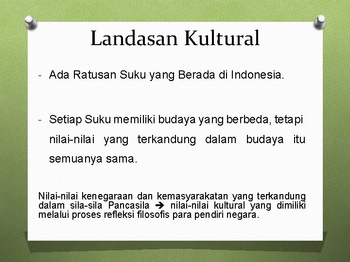 Landasan Kultural - Ada Ratusan Suku yang Berada di Indonesia. - Setiap Suku memiliki