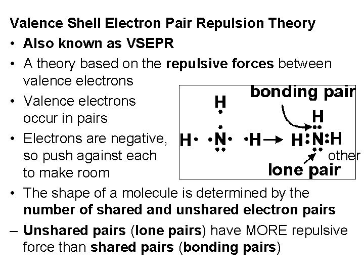 Valence Shell Electron Pair Repulsion Theory • Also known as VSEPR • A theory