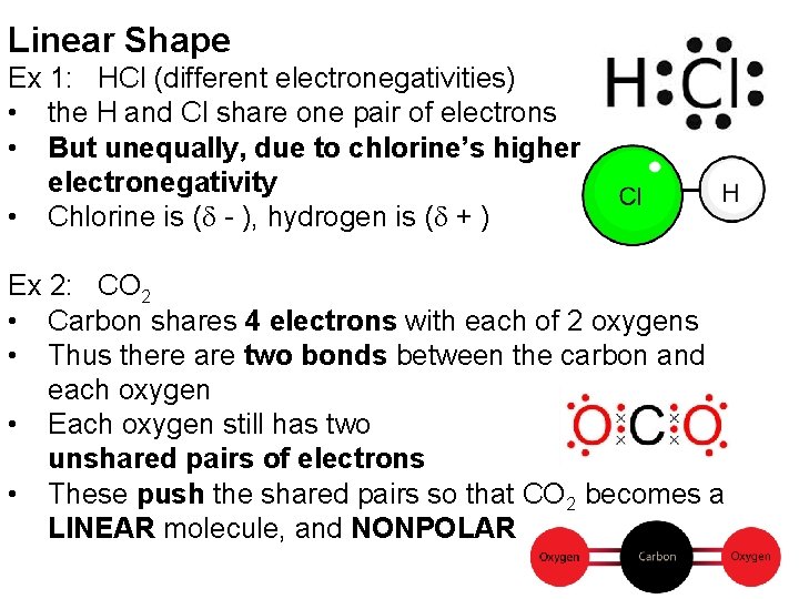 Linear Shape Ex 1: HCl (different electronegativities) • the H and Cl share one