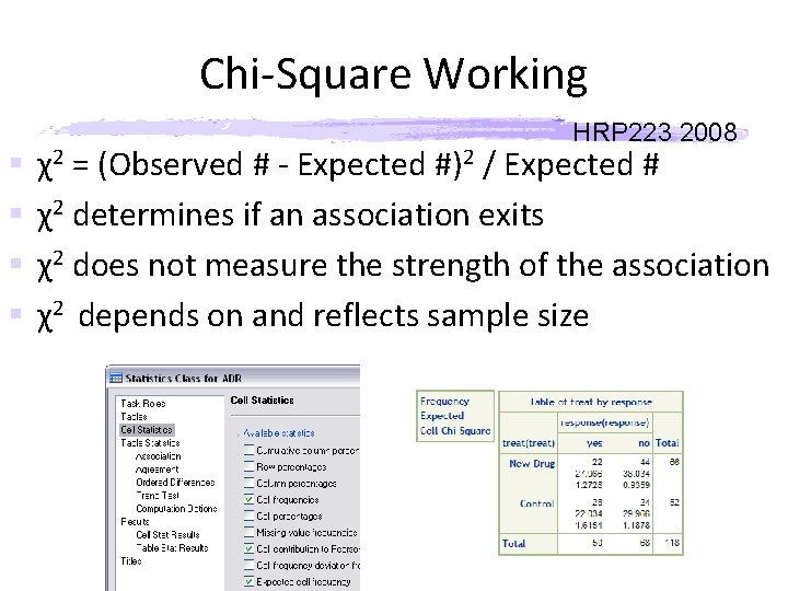 Chi-Square Working § § HRP 223 2008 χ2 = (Observed # - Expected #)2