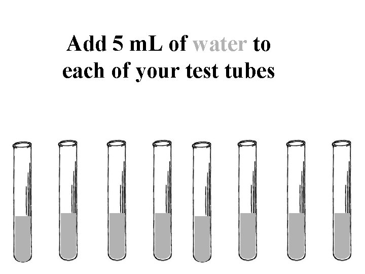 Add 5 m. L of water to each of your test tubes 