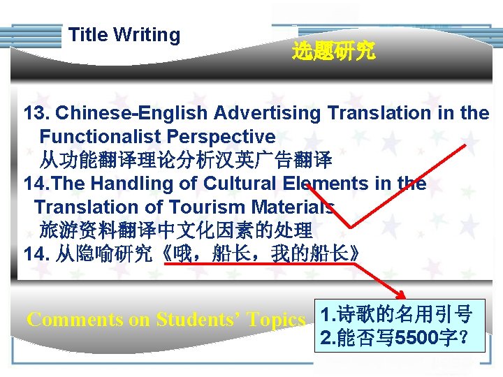  Title Writing 选题研究 13. Chinese-English Advertising Translation in the Functionalist Perspective 从功能翻译理论分析汉英广告翻译 14.