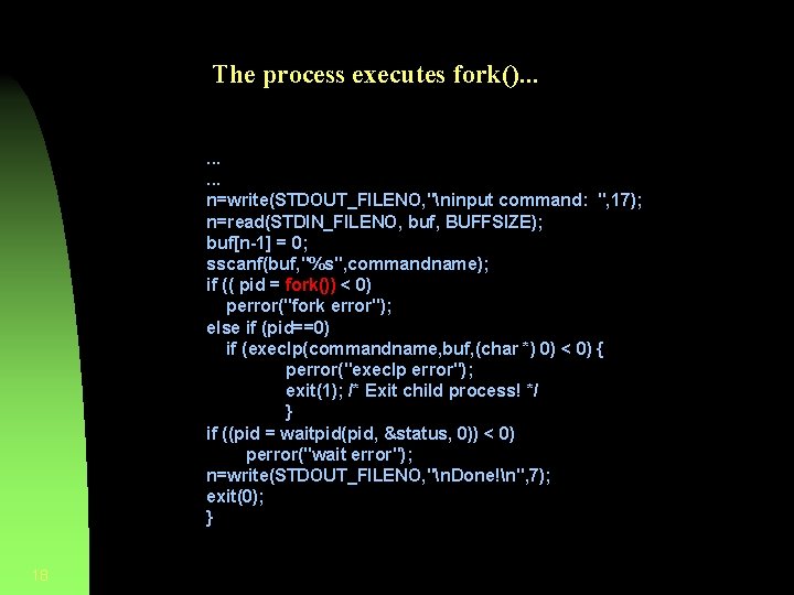 The process executes fork(). . n=write(STDOUT_FILENO, "ninput command: ", 17); n=read(STDIN_FILENO, buf, BUFFSIZE); buf[n-1]