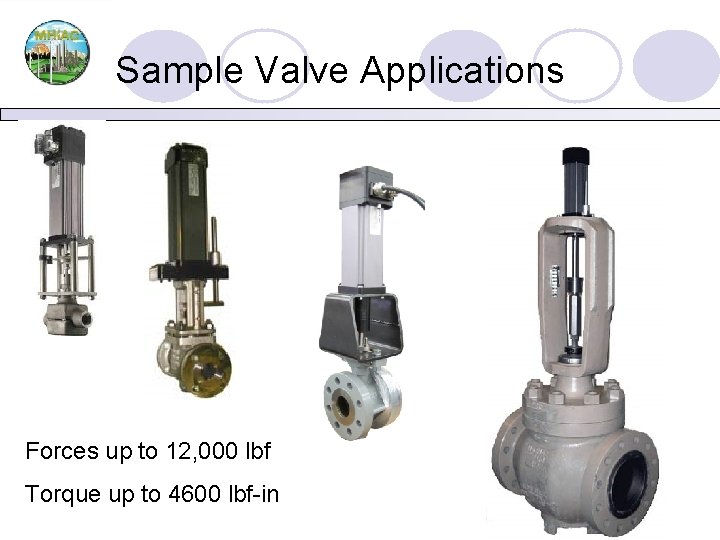 Sample Valve Applications Forces up to 12, 000 lbf Torque up to 4600 lbf-in