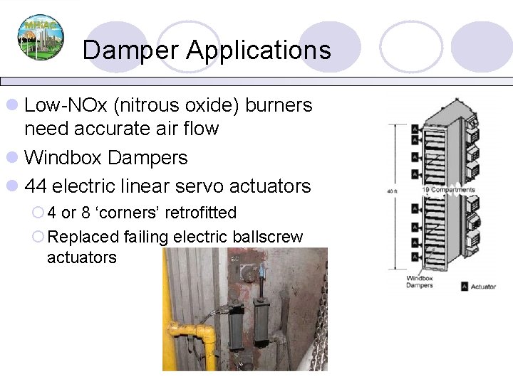 Damper Applications l Low-NOx (nitrous oxide) burners need accurate air flow l Windbox Dampers