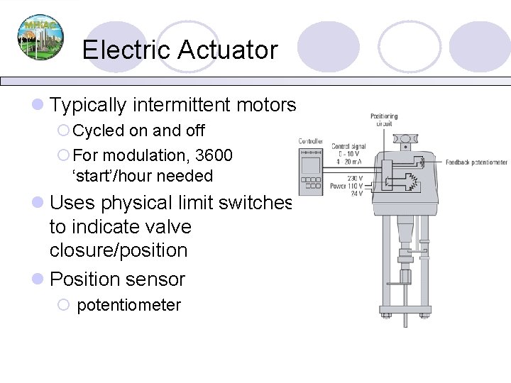 Electric Actuator l Typically intermittent motors ¡Cycled on and off ¡For modulation, 3600 ‘start’/hour
