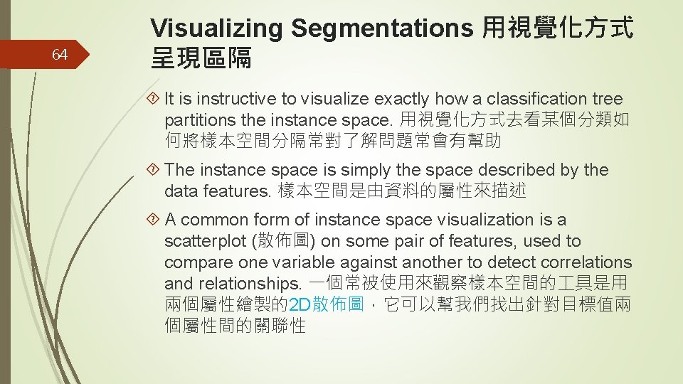 64 Visualizing Segmentations 用視覺化方式 呈現區隔 It is instructive to visualize exactly how a classification