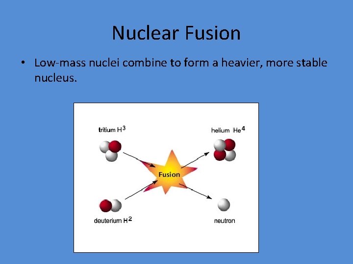 Nuclear Fusion • Low-mass nuclei combine to form a heavier, more stable nucleus. 