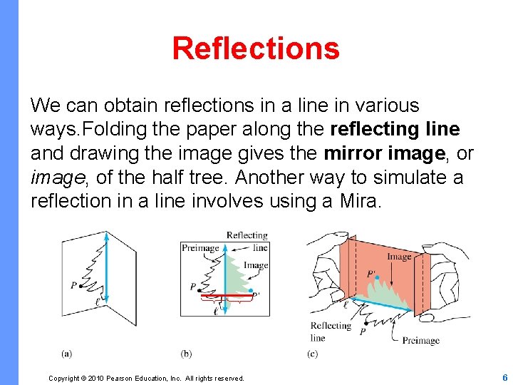 Reflections We can obtain reflections in a line in various ways. Folding the paper