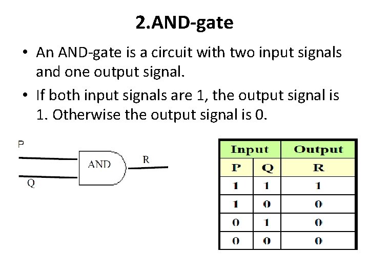 2. AND-gate • An AND-gate is a circuit with two input signals and one