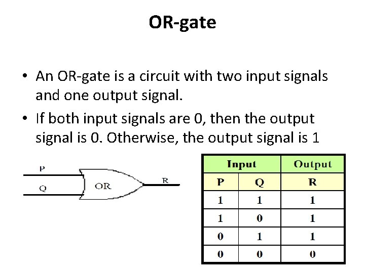 OR-gate • An OR-gate is a circuit with two input signals and one output